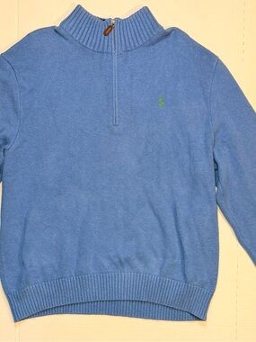 VTG Polo Ralph Lauren Blue Cotton Sweater Mens XXL 1/4 Zip Green Pony Pullover